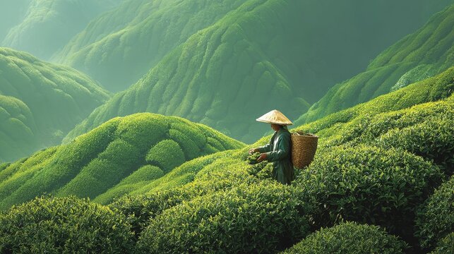 79.06011247 79 Concept = Woman picking green tea leaves in spring tea farm mountains