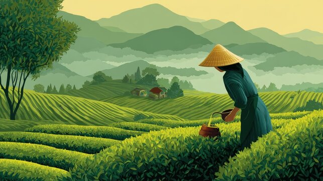 79.06011247 79 Concept = Woman picking green tea leaves in spring tea farm mountains