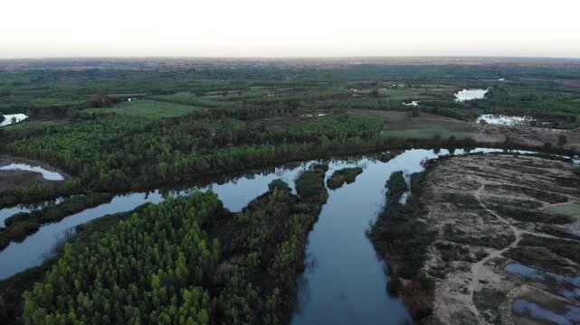 Aerial view of tropical river delta at sunset. Sunlight reflects in calm waters of river. Green forest and trees surround the watercourse at beautiful evening.