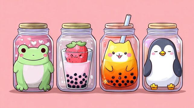 88.06011247 88 Cute animal characters inside glass jars, playful frog and strawberry, happy cat with bubble tea and pudding, sweet penguin with heart, clean flat vector illustration, cheerful style