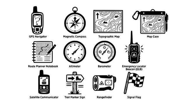 Outdoor Navigation and Wilderness Survival Gear Icon Set with GPS Compass Map Altimeter Barometer and Satellite Communicator Symbols