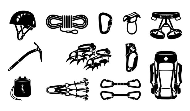 Rock Climbing and Mountaineering Equipment Icon Set with Helmet Rope Carabiner Harness Ice Axe Backpack and Cams Vector Symbols