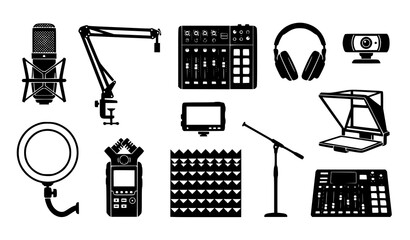 Podcast and Live Streaming Equipment Icon Set with Microphone Mixer Headset Ring Light Teleprompter and Audio Recording Symbols © MdShagarAli