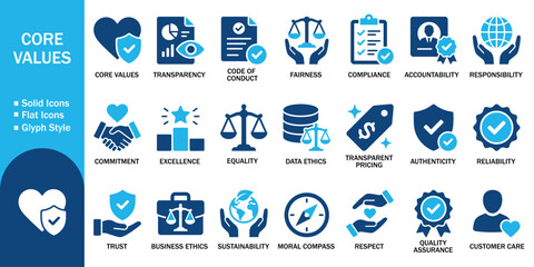 Fototapeta premium Core values solid icon set with corporate business ethics. Vector illustration of realistic company transparency flat symbol, colorful hr culture compliance responsibility template.