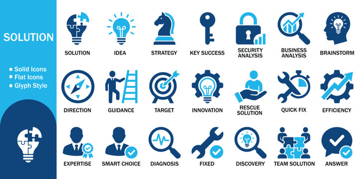 Business solution solid icon set with strategic innovation. Vector illustration of realistic company target flat symbol, colorful corporate idea success management analysis template.