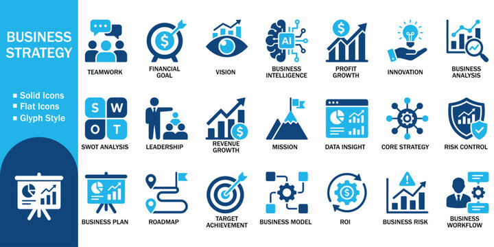 Business strategy solid icon set with corporate planning. Vector illustration of realistic finance marketing flat symbol, colorful startup growth target vision roi analysis template.