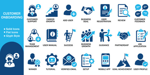 Fototapeta premium Customer onboarding solid icon set with user registration. Vector illustration of realistic business support flat symbol, colorful client experience software setup guide template on white background.