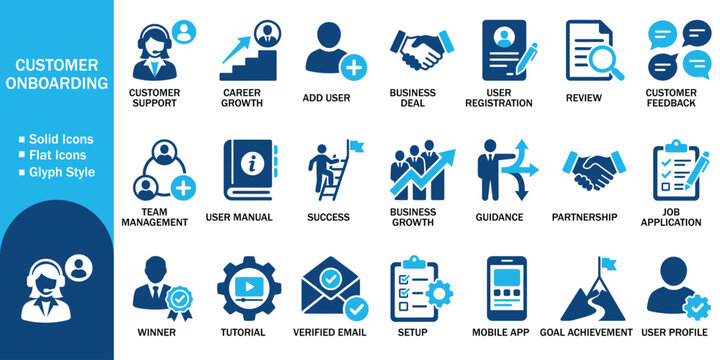 Customer onboarding solid icon set with user registration. Vector illustration of realistic business support flat symbol, colorful client experience software setup guide template on white background.