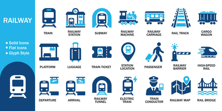 Railway solid icon set with public train transportation. Vector illustration of realistic subway transit flat symbol, colorful travel passenger ticket station platform luggage template.