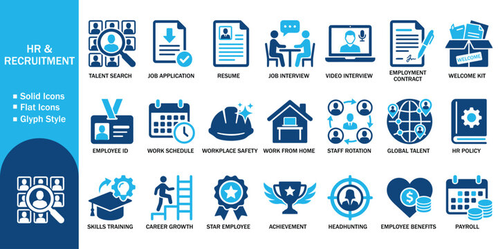 HR recruitment solid icon set with job application. Vector illustration of realistic human resource flat symbol, colorful corporate interview resume hiring career growth template on white background.