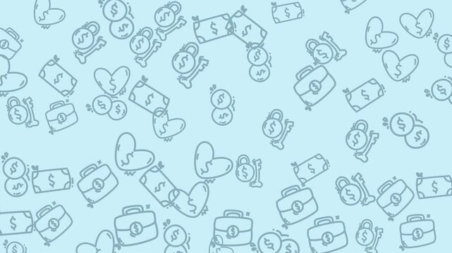 Background pattern with moneythemed elements briefcases, hearts, dollar signs, coins, and lock icons in light blue. Suitable for financerelated designs.