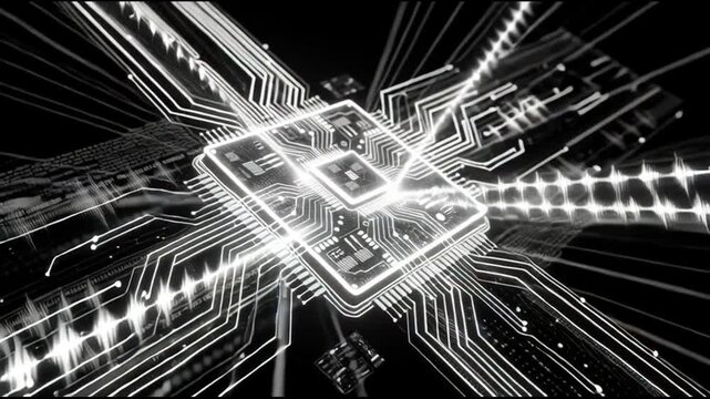 Closeup microchip on circuit board technology.