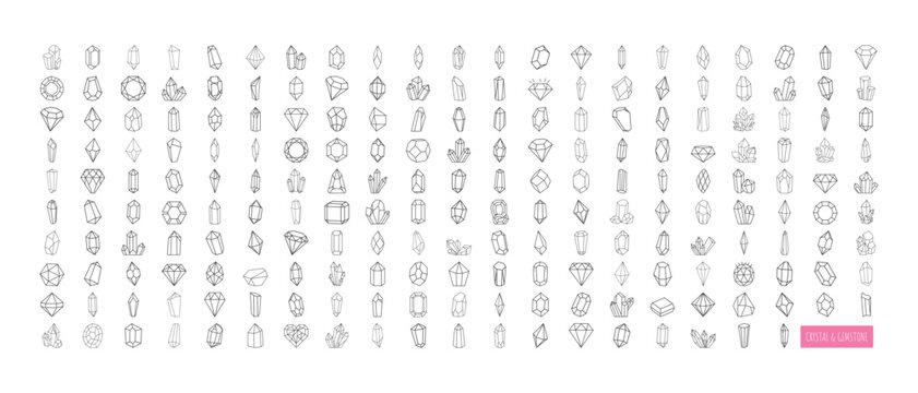 Massive crystal and gemstone line art vector bundle. Set of geometric diamonds, magic gems, and mystical jewels. Isolated outline icons for jewelry designs and witchy projects