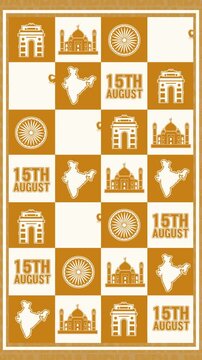 Vertical loop of a gold and white checkered grid with Indian Independence Day icons (Taj Mahal, map). Perfect for 15th August mobile screens, short vertical videos, and social media.
