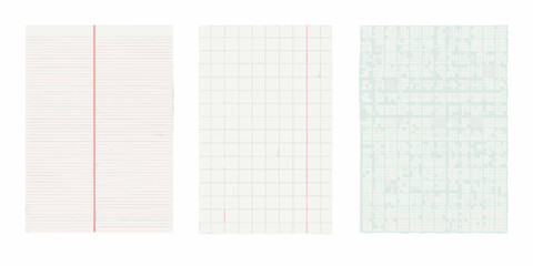 three vertical sheets of classic school notebook on white background paper lined grid graph writing pad © Rina