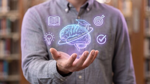 Hand Holding Glowing Brain With Graduation Cap Book Target Icons Personalized Learning Path AI Education Concept Library