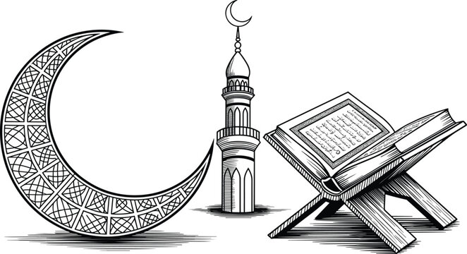 Detailed hand-drawn woodcut vector illustration of Islamic religious symbols featuring an ornate crescent moon, mosque minaret, and the Holy Quran on a wooden rehal stand isolated on white background.