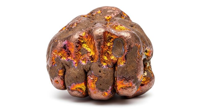 A high-resolution studio shot of a raw copper ore specimen showing metallic orange and brown textures isolated on a clean white background, formation, specimen, studio
