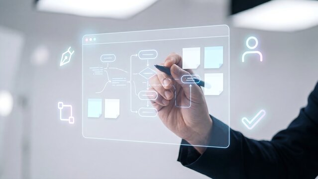 Business Man Drawing Holographic Flowchart Interface With Pen User Check Icons White Office Digital Workflow Planning Concept