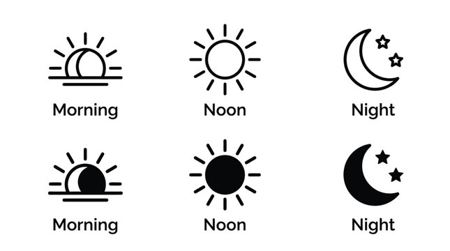 Minimalist black line art icons representing time of day cycles including morning noon and night