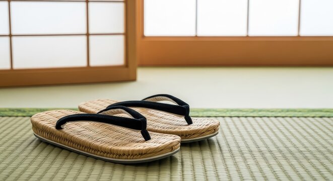 A pair of traditional zori sandals sits on a textured tatami mat beside a shoji screen, reflecting minimalist design and calm atmosphere, sandals, panel, shadow