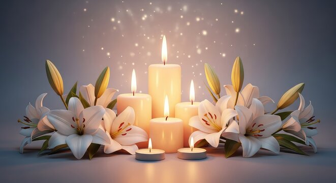 A peaceful digital sanctuary featuring glowing candles and white lilies in a soft, ethereal atmosphere for honoring memories and legacies, ethereal, petals, white