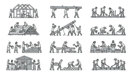 Obraz premium Modern Black and White Line of Community Construction Farming and Crafting Collaborative Efforts