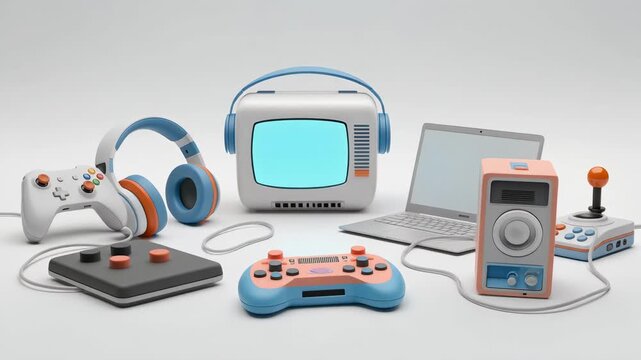 Firefly explore vibrant retro gaming world with classic consoles headphones laptops and nostalgic technology
