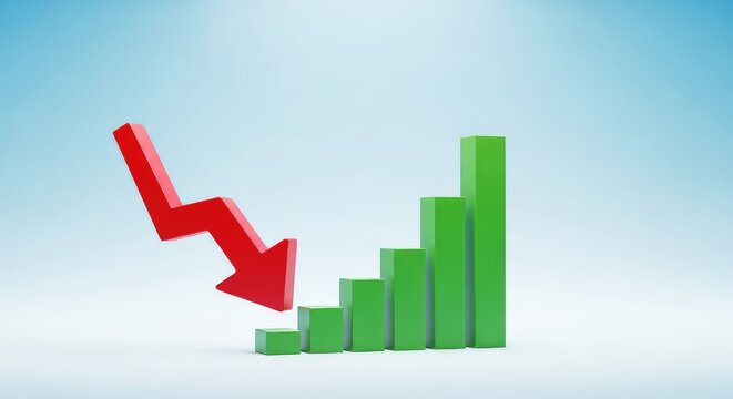 A visual representation of decreasing interest rates using a falling arrow alongside a climbing bar graph showing increased market capital, financial, money, chart