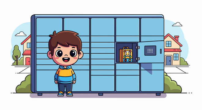 Cute boy standing in front of a smart parcel locker with an open compartment.