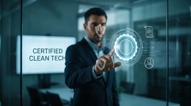Businessman using digital holographic interface for certified clean tech solutions and energy management