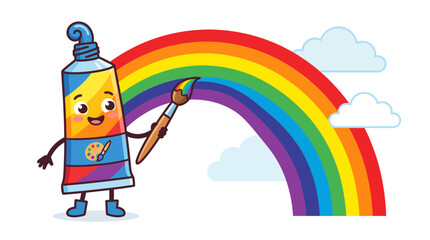 Naklejka premium Cheerful paint tube mascot holding a brush against a rainbow