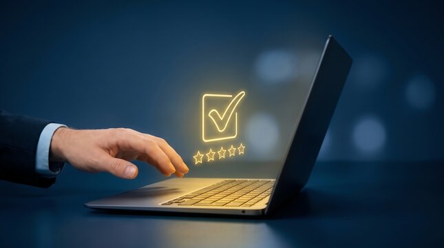 Digital customer satisfaction feedback. Hand rates service on a laptop with glowing five stars and a checkmark, symbolizing positive online experience and quality
