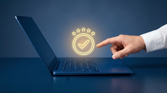 Digital quality certification and system approval visualization featuring a holographic checkmark over a laptop