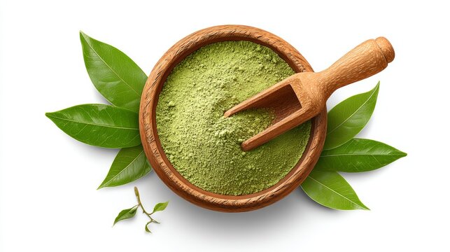 28.Matcha green tea powder in a round wooden bowl, fine vibrant green texture, wooden scoop resting on the edge, fresh green tea leaves beside the bowl, minimal flat lay composition, clean high
