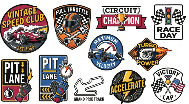 Vintage racing badge collection featuring classic open wheel race cars helmets pistons trophies checkered flags and pit lane vector graphics.