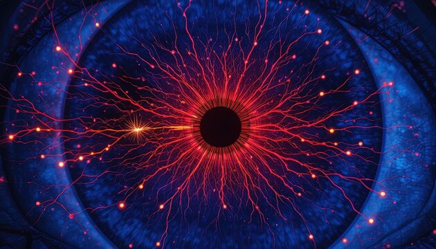 Vibrant, detailed iris with glowing, interconnected red pathways emerges from darkness.