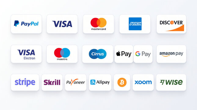 Online payment methods icons set, logo company badges: PayPal, Visa, Mastercard, AMEX, Discover, Stripe, Skrill, Alipay, Apple Pay, Google Pay, Amazon Pay, Bitcoin, Wise, Payoneer, Xoom. Vector icons