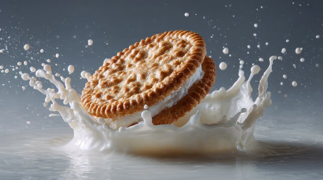 33.Sandwich cookie falling into milk splash