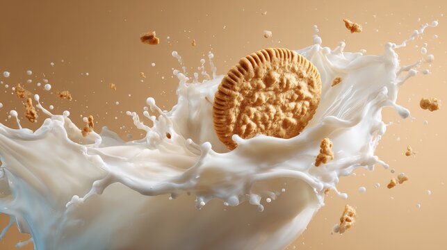 37.Dynamic milk splash with cookie impact, creamy white liquid movement, sharp focus, minimal solid color background, professional stock style vector illustration