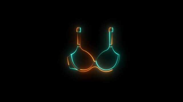 Glowing neon Bra icon isolated on black background. Lingerie symbol. fashion Ideal for apparel designs clothing themes fashion branding bra promotions. 4K Video Glowing neon line Bra icon and Woman..