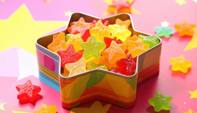 Assortment of Vibrant Star-Shaped Gummy Candies in a Colorful Tin