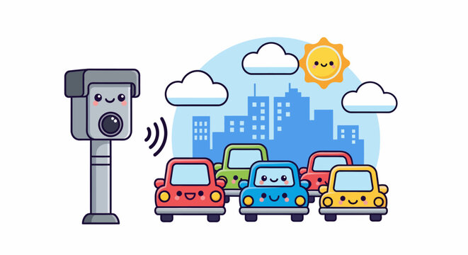 Cute cartoon speed camera monitoring traffic on a sunny day.
