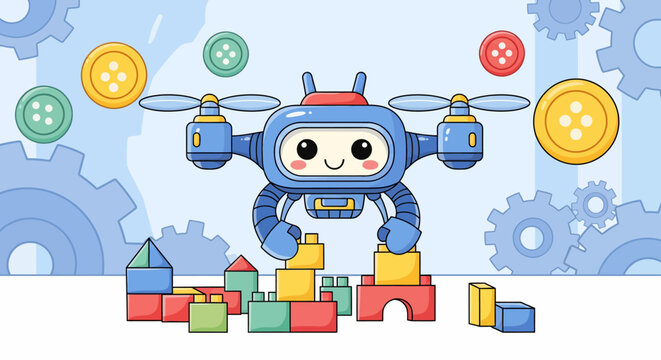 Cute drone robot playing with building blocks.