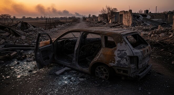 Charred civilian vehicle amidst war-torn street at dusk