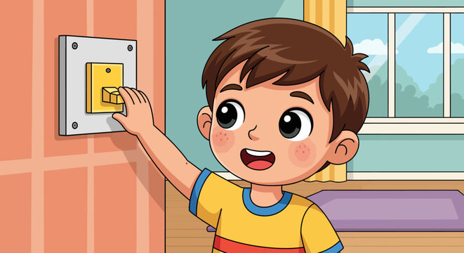 Cute little boy turning on the light switch.