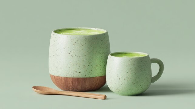 62.Modern 3d rendering of matcha latte set, creamy green drink in ceramic cup, simple shapes, soft lighting, isolated on light green background, clean icon style