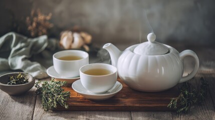 Fototapeta premium 71.Tea concept scene featuring white teapot and two cups filled with herbal tea, simple table setting, neutral tones, relaxing and refreshing lifestyle mood