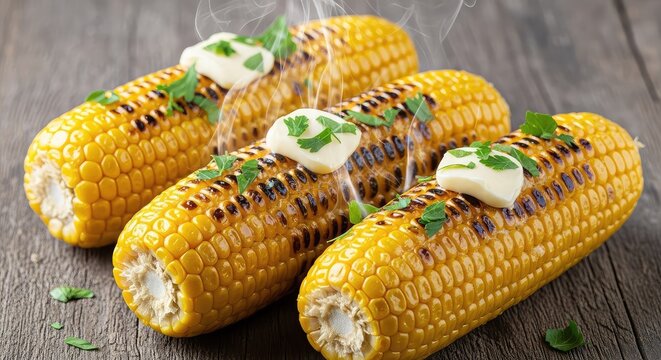 Fresh yellow maize cobs roasted to perfection over a fire, topped with melting butter and chopped parsley, displayed on a textured surface, nutrition, texture, roasted