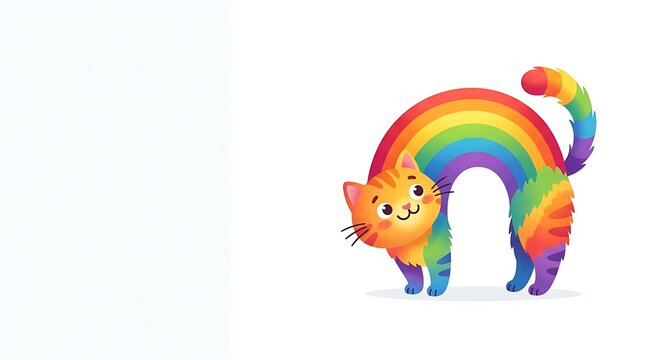 Abstract colorful rainbow background with cute cartoon pets cat kitten dog birds and fish, vector illustration with love hearts, fun birthday card design, cute pet art